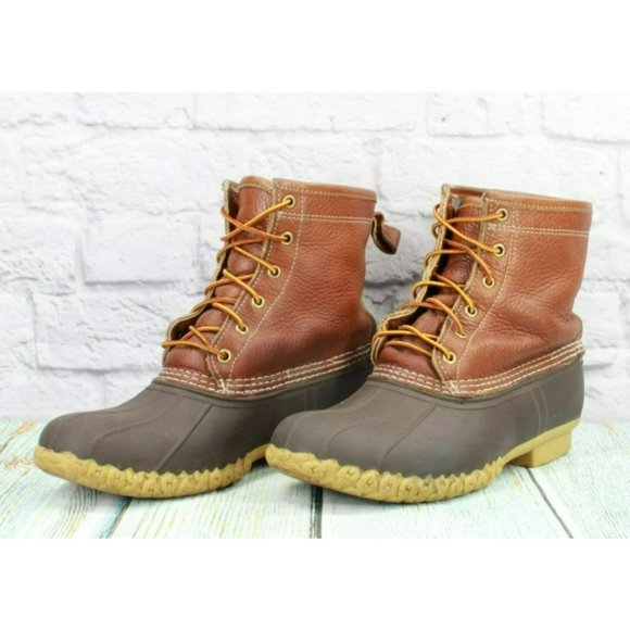 LL Bean Brown Leather 8" Lace Up Flannel Lined Duck Boots Size 10 M - Picture 2 of 10